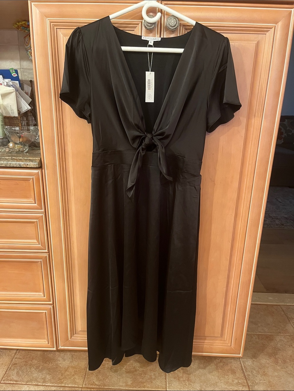 Baltic Born Black Tie-Front Satin Midi Dress 46” from shoulder to bottom.
